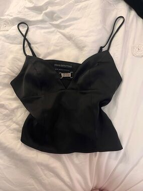 Urban Outfitters Black Satin Cami with Rhinestone Bar